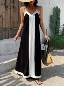 Strévra Abito lungo da donna senza maniche, patchwork, vestiti casual da donna