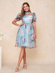 Ellevyn 女式高领荷叶边灯笼袖蓝色欧根纱泡泡裙，优雅日常穿着浪漫时尚修身春夏连衣裙 - 彩色 - 查看 4