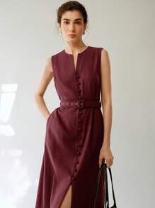Uhlyne 女士休闲优雅无袖亚麻中长连衣裙（配系带腰带） - 酒紅色 - 查看 7