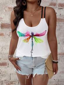 EMERY ROSE Plus Size Women Dragonfly Print Casual Fashion Camisole - White - View 5