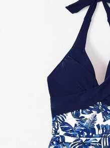 Swim Lushoire 女士花卉印花露背吊带连体泳衣，随机印花 - 藏蓝色 - 查看 3