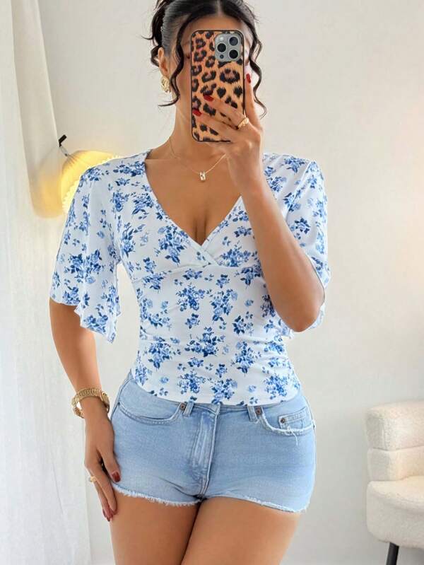 Breezaya Tricou de vară casual, albastru și alb, cu imprimeu, decolteu în V, mânecă evazată, model vacanță de vară