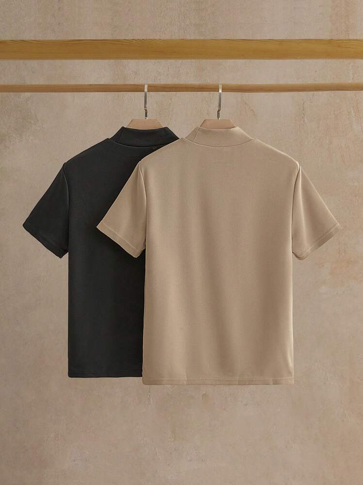 Manfinity VCAY 2pcs Pack Men's Knitted Casual Turtle Neck Short Sleeve T-Shirt - Black - View 2