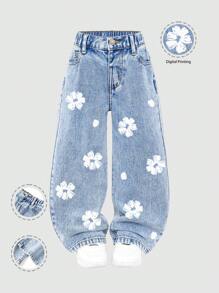 Young Girls White Floral Print Jeans, Fashionable & Classic Cut Combining Comfortable Denim Fabric, Versatile & Fun, Light Blue Washed Straight Leg Jeans - Light Wash - View 1
