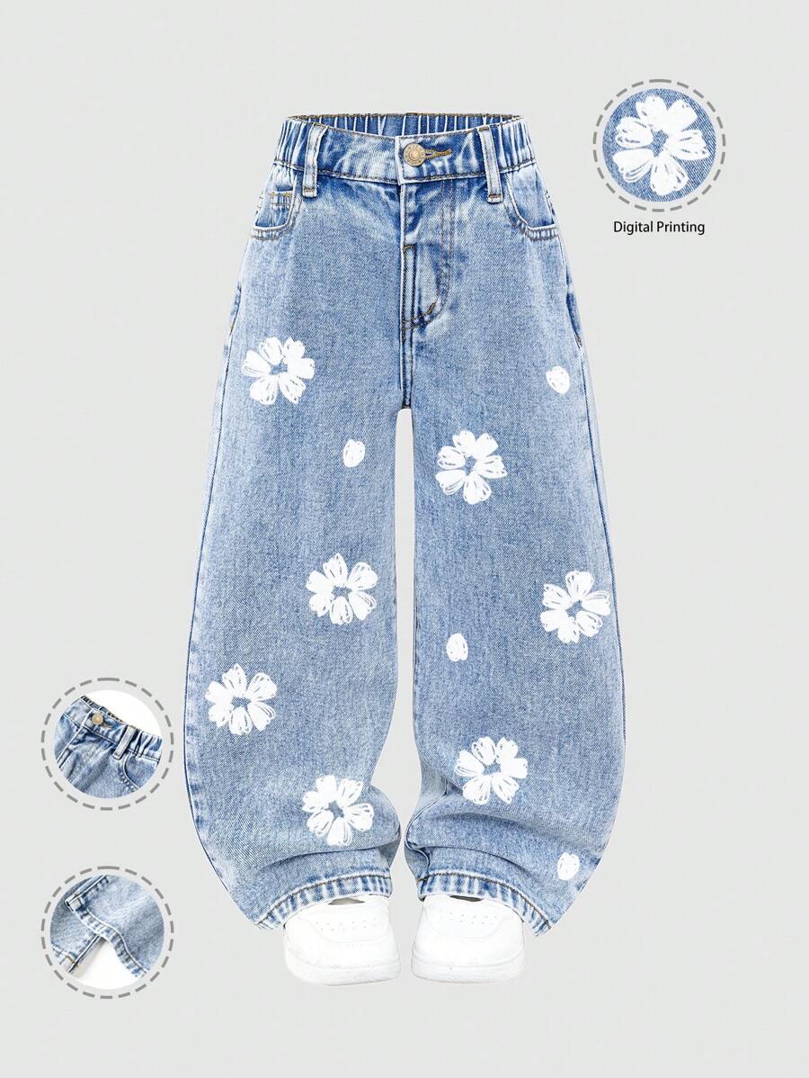 Young Girls White Floral Print Jeans, Fashionable & Classic Cut Combining Comfortable Denim Fabric, Versatile & Fun, Light Blue Washed Straight Leg Jeans - Light Wash - View 1