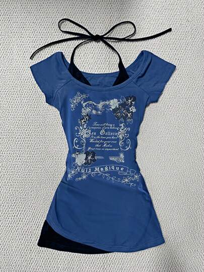 SHEIN Y2K Slogan Print Contrast Color Block 2 In 1 Mini Dress