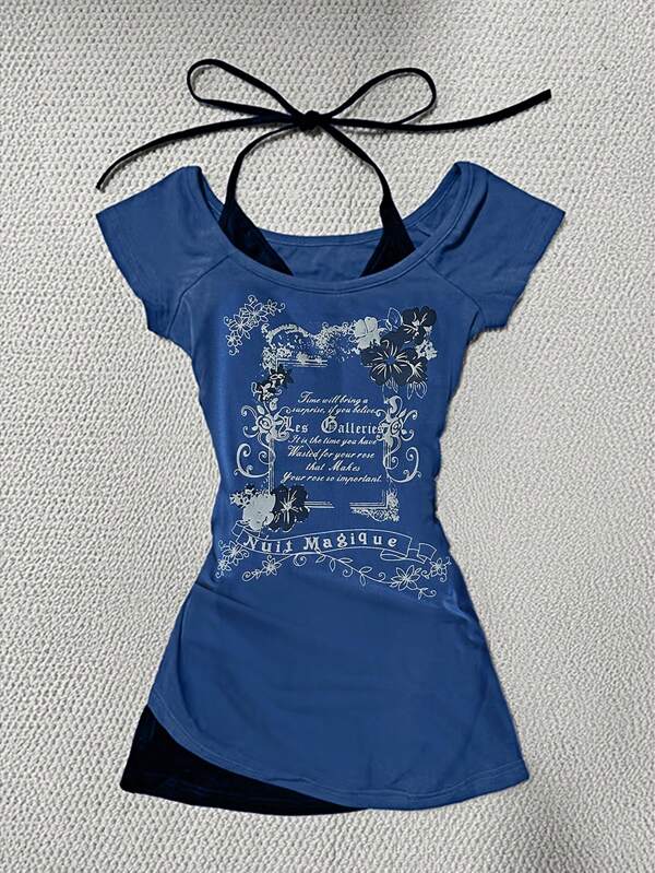 SHEIN Y2K Slogan Print Contrast Color Block 2 In 1 Mini Dress