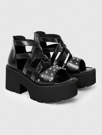 Women's Black Casual Vintage Roman Style High Heel Sandals, Punk Gothic Rivet Studded Crossing Strap Back Zipper Thick Platform Thick Heel Shoes