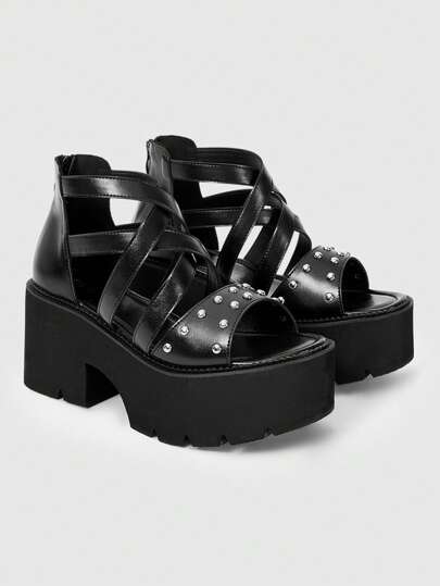 Women's Black Casual Vintage Roman Style High Heel Sandals, Punk Gothic Rivet Studded Crossing Strap Back Zipper Thick Platform Thick Heel Shoes