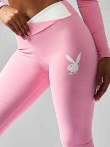 Missguided x Playboy Athletic Performance High Rise Leggings Compression Workout Pants Moisture Wicking Running Yoga Fitness Training Activewear Gym Sportswear - Pink - View 6