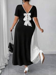 SHEIN CURVE+ Plus Size Contrast Color Pleated Design Butterfly Decor Back Top Women Casual Dress Women Dresses Birthday Women Birthday Outfit Women Plus Black Dress Women S Clothes Women Dresses Elegant Gown