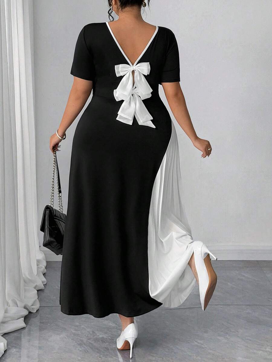 SHEIN CURVE+ Plus Size Contrast Color Pleated Design Butterfly Decor Back Top Women Casual Dress Women Dresses Birthday Women Birthday Outfit Women Plus Black Dress Women S Clothes Women Dresses Elegant Gown