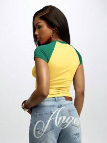 SUMWON WOMEN Áo thun thể thao trẻ em Retro Sport Crop Top bó sát tay Raglan cổ điển mùa hè mùa xuân trang phục thường ngày phong cách sống - Màu vàng - Xem 2