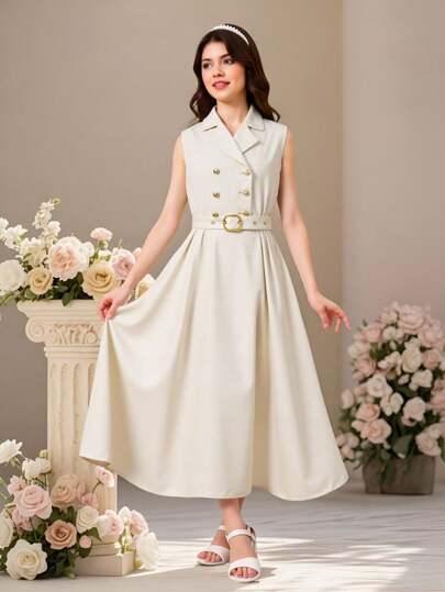 Vestido casual sin mangas con cuello para niña preadolescente de color liso tejido