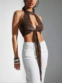 Denimoi 露背 O 形环五金细节前开后开吊带上衣性感风格外出俱乐部演唱会女生夜总会节日夏季 - 棕色 - 查看 4