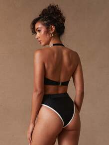 SHEIN Unity Black,Summer,Cute,Beach,Holiday Color Block Halter Strappy Bikini Top,Elegant Gyaru Poolside Casual Vacation Party Club Music Festival Swim Top - Black - View 2