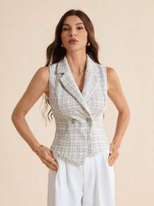 SHEIN Tall Chaleco de mujer elegante a cuadros de doble botonadura, conjunto de oficina de verano para mujer