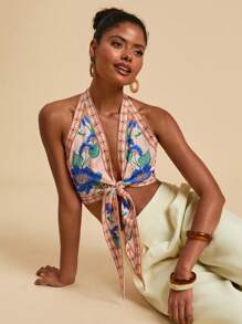 Travachic Top de mujer para vacaciones con estampado floral, detalle de nudo delantero, y escote trasero sin espalda