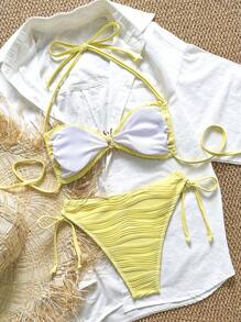 Swim Mod Swim Chiccia 纹理面料金属扣吊带侧系带黄色比基尼套装，夏日海滩度假 - 黃色 - 查看 2