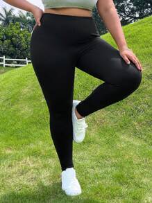 SHEIN EZwear Plu Elastic Waist Leggings - Black - View 4