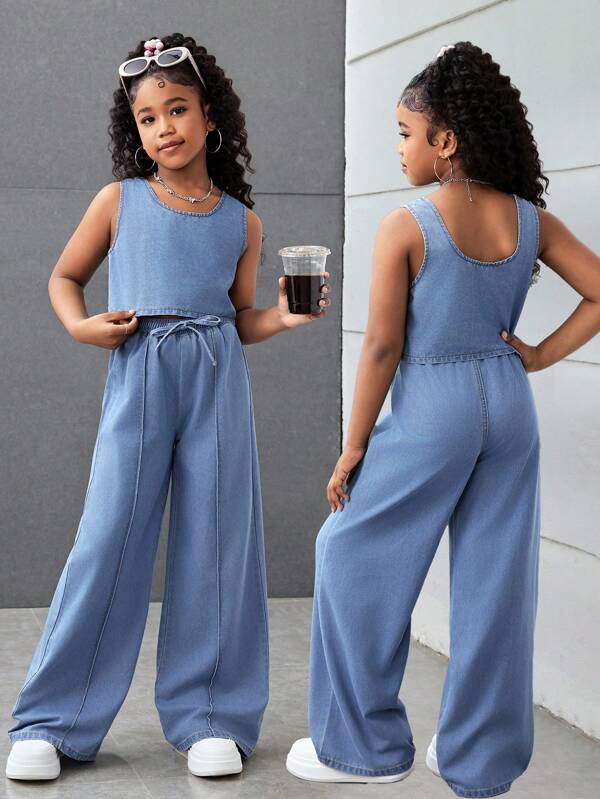 SHEIN Tween Mädchen Fashion Casual Style Loose Fit Ärmelloses Jeansoberteil und Baggy-Jeans-Set mit Kordelzug in der Taille für Kinderkleidung, Mädchenkostüm, Boho-Alltagskleidung und Sommer- und Frühlingskleidung für Kinder