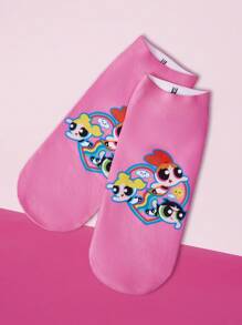 THE POWERPUFF GIRLS X SHEIN 1 Paar Rosa Knöchelsocken mit niedlichem Blüten, Blasen und Butterblumen Muster