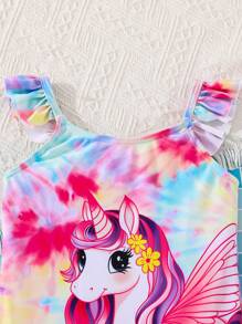 SHEIN Costume da bagno a 2 pezzi con stampa di unicorno effetto tie-dye per ragazza giovane