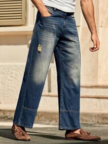 Manfinity VCAY Męskie casualowe jeansy z podartymi nogawkami, spodnie jeansowe - Niebieski - Zobacz 5