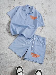 Manfinity Roghcode Herren Freizeitmode Straße Slogan Streifen Muster Hemd mit Kragen und kurzen Ärmeln und Shorts mit Kordelzug Taille, Sommer - Blau-Weiß - Übersicht 3