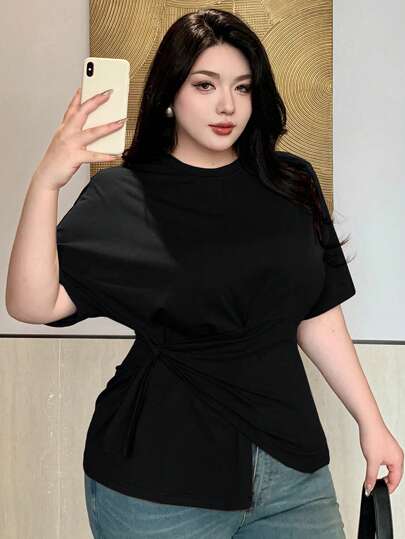 Dazy Plus Solid Color Round Neck Asymmetrical Hem Drawstring Short Sleeve Casual T-Shirt