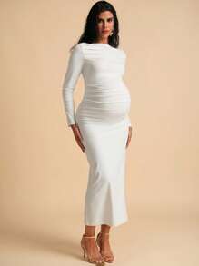 MaterniChic 孕妇长款优雅纯色紧身连衣裙 - 白色 - 查看 4