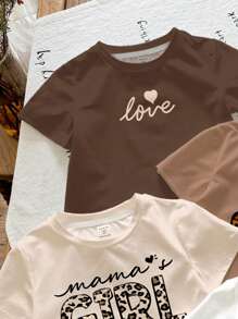 SHEIN 4 件装年轻女孩休闲基本款奶油白色圆领短袖 T 恤，带有复古豹纹、心形和妈妈女孩图案，适合春夏季