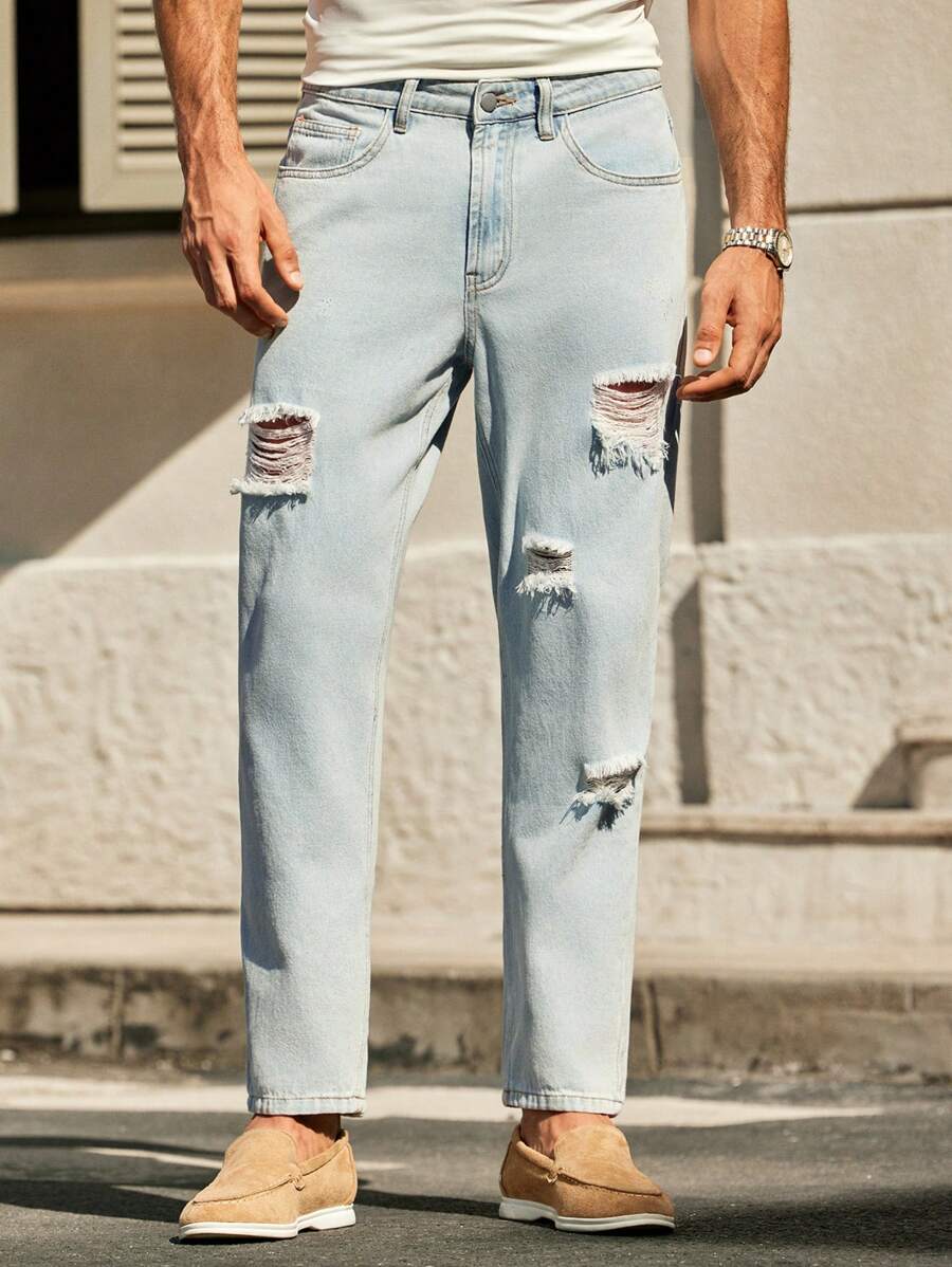 Manfinity VCAY Men's Casual Ripped Tapered Leg Jeans, Fashionable Men Light Blue Ripped Jeans Ripped Jeans Men Light Wash Ripped Jeans Men Men Distressed Jeans Cool Men Jeans - Blue - View 1