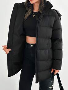 SHEIN Tall Tall Size Zip Up Drawstring Hooded Padded Coat, For Winter Streetwear - Black - View 4