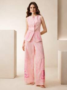 Anewsta 夏季粉色优雅花卉印花背心外套 - 粉色 - 查看 4