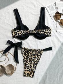 SHEIN Swim 女士豹纹系带比基尼泳装套装，海滩度假 - 彩色 - 查看 5