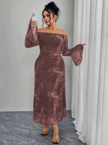 Modelyn Plus Size Women Off-Shoulder Flared Sleeve Elastic Net Tie-Dye Print Pleated Fitted Fishtail Hem Elegant Bodycon Dress - Multicolor - View 3