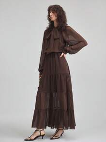 Ontre Vestido primavera/verano de unicolor con cuello anudado, mangas farol y bajo escalonado semitraslúcido, en estilo casual de campo/oficina para citas, de la nueva moda de transición de otoño 2025