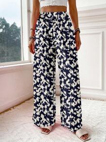 SHEIN VCAY Women's Casual Vacation Style Black & White Polka Dot Pattern Wide Leg Pants, Suitable For Summer & Vacation Fall Clothes Winter Clothes