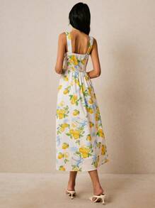 Poéselle 奶油黄连衣裙，棉质印花连衣裙，柠檬印花连衣裙，前襟纽扣装饰，舒适透气面料，女士水果印花单排扣休闲中长吊带连衣裙，夏季长款连衣裙，适合日常穿着、外出、通勤、约会、度假等场合，波西米亚风女装 - 彩色 - 查看 3