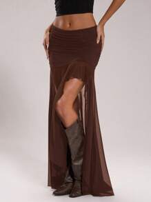 SHEIN BAE Women Solid Color Pleated Mesh Side Slit Hem A-Line Skirt - Coffee Brown - View 7