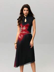 SHEIN MOD 传统中式黑色旗袍上衣和裙子套装，时尚夏季穿着 - 黑色 - 查看 7