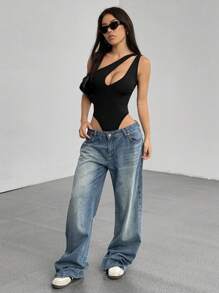 SHEIN Tall Black Ribbed Knit Asymmetric Neckline Cut-Out Skinny Bodysuit, Versatile For Vacation, Beach, Casual Daily Wear, Summer, Tall Women - Black - View 6