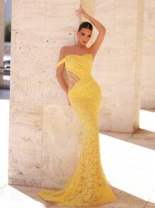 Glamrae Robe de soirée sirène plissée transparente avec manches asymétriques en dentelle et paillettes jaunes élégantes pour femmes - Jaune citron - Voir 1