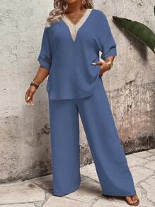 EMERY ROSE Sommer Damen Einfarbiges Guipure-Spitzen-Netzärmel-Oberteil und Hose Zweiteiliges Set