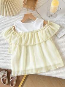 Young Girl Letter Graphic Asymmetrical Sleeve 2 In 1 Pearl Chiffon Panel T-Shirt Top, Summer
