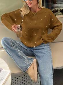 EURMUSE Woman Loose Fit Comfy Warm Rhinestones Detailed Sweater - Camel - View 5