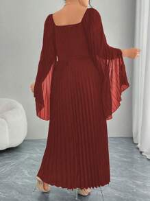 Modelyn Damen Plissee Taille Passform & Flare elegantes Pendler Große Größen Kleid mit quadratischem Ausschnitt und Langarm - Gebrannte Orange - Übersicht 2