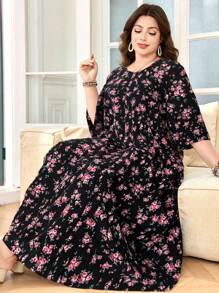 SHEIN Lacomfia Women's Loose Ruffle Pocket Ditsy Floral Casual Midi Dress, Romantic Elegant Comfortable, Suitable For Plus Size, Daily Wear