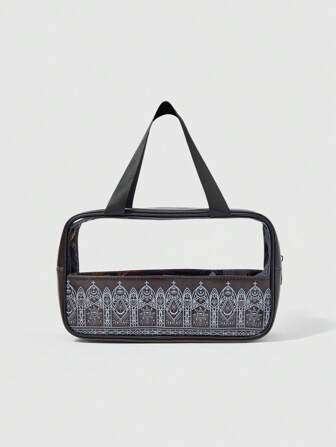 Goth 1pc Star & Moon Church Cross Goth Style Black Toiletry Bag, Waterproof Large Capacity Makeup Bag Suitable For Business Trip, Travel, Vacation